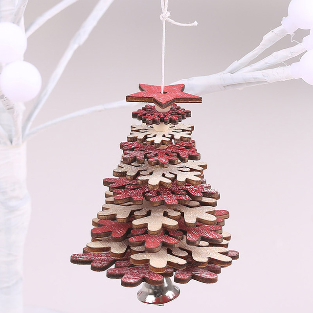 Wooden Christmas Tree Pendants Xmas Tree Hanging 3D Rotate  Snowflake Star Ornaments Small Bell Home Office Decoration Gift