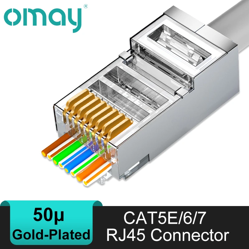 OMAY CAT6/7 CAT5 Pass Through RJ45 Modular Plug Network Connectors UTP 3/50μ Gold-Plated 8P8C Crimp End for Ethernet Cable USB Cables