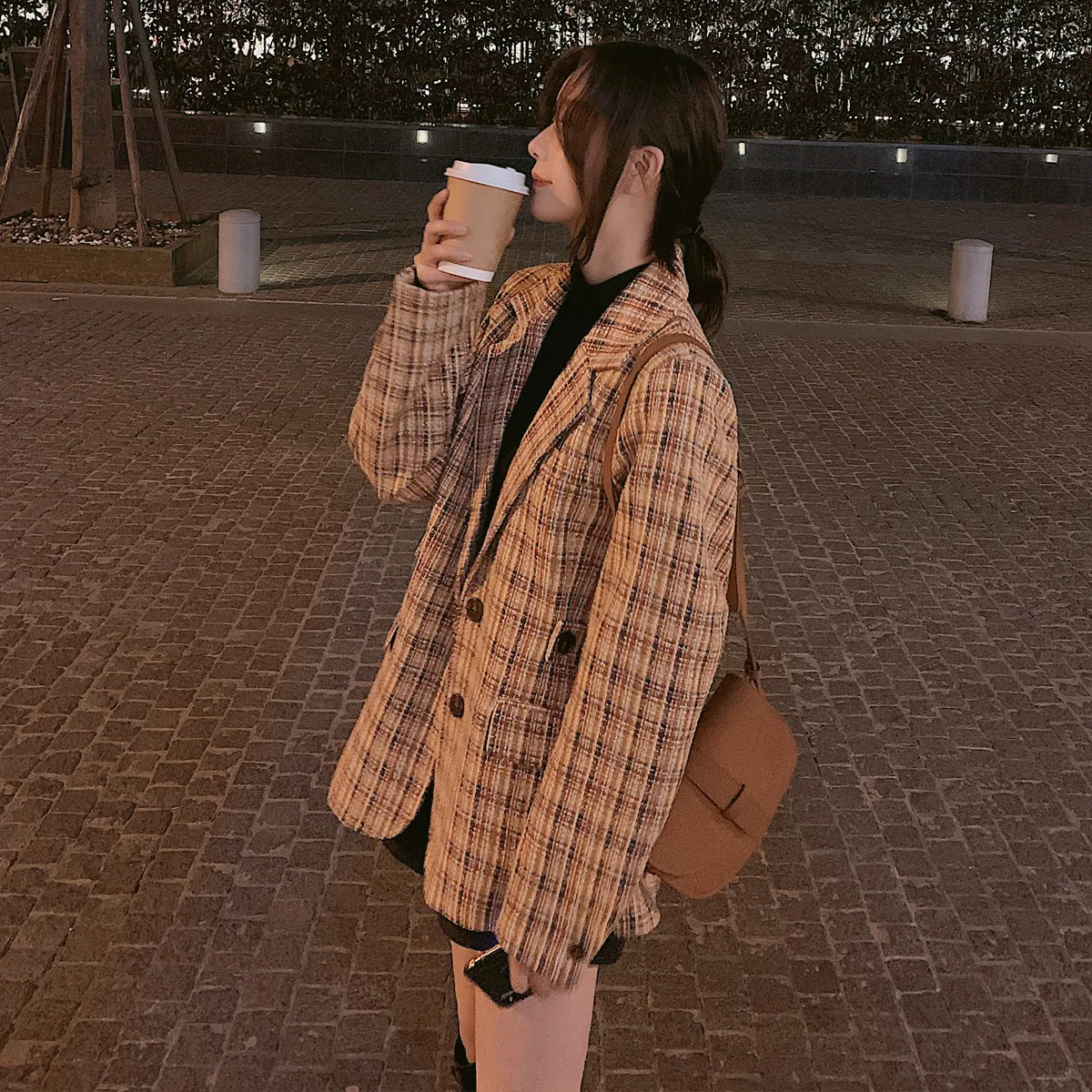 

Photo Shoot 2020 Spring New Style Graceful Suit Tweed CHIC Loose-Fit Fashion Network Red Plaid Suit Coat