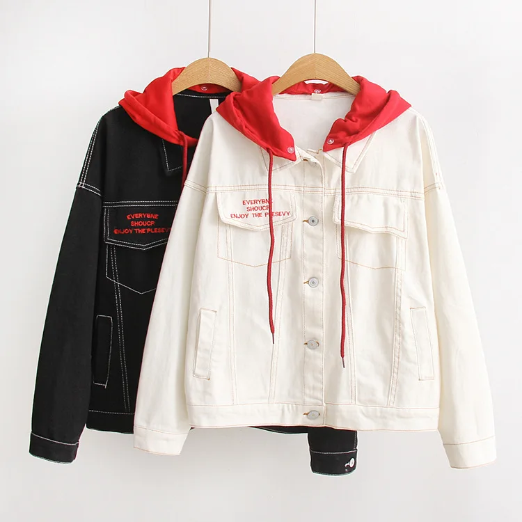 

2018 Autumn WOMEN'S Dress Artistic Mixed Colors Hooded Tops Pocket Lettered Embroidered Loose-Fit Jeans Coat