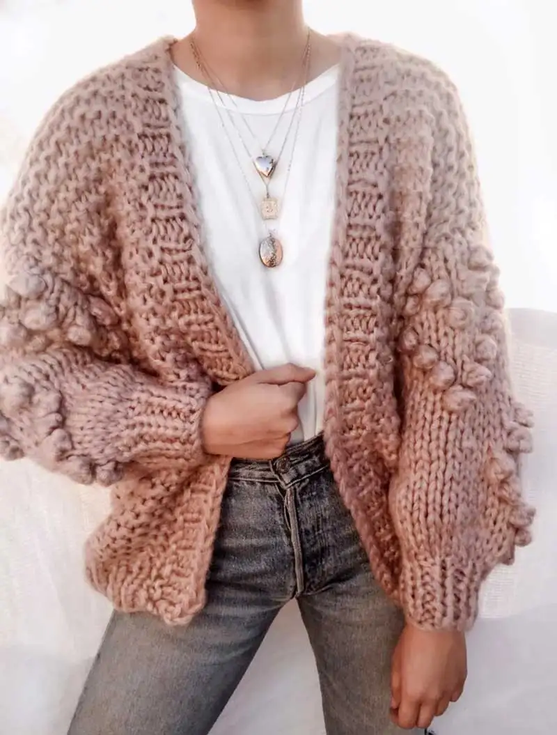 pom pom sleeve open cardigan