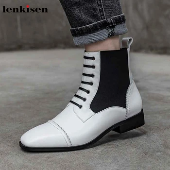 

Lenkisen gentle British school square toe genuine leather med heels mixed colors lace up young lady winter women ankle boots L73