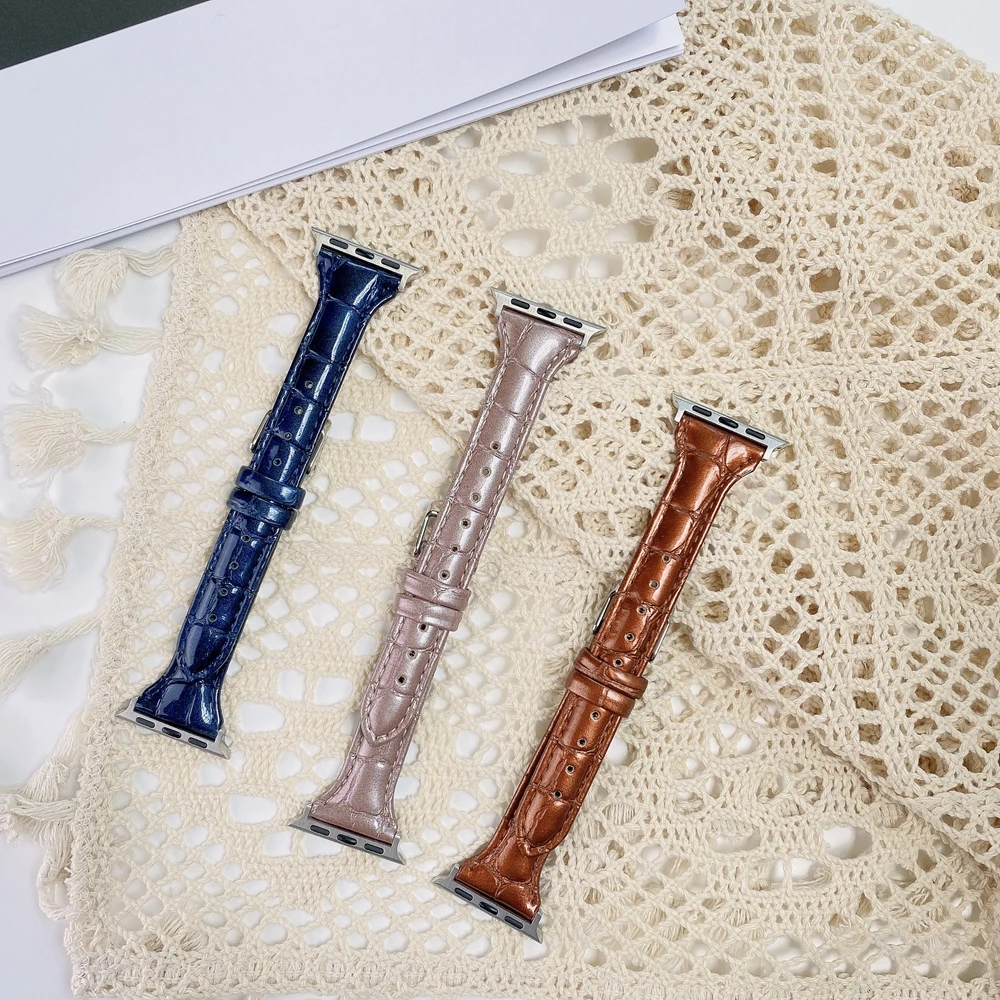 Ремешок кожаный для apple Watch Band SE7 6 5 4 3 2 1 тонкий браслет с крокодиловым узором iwatch 41