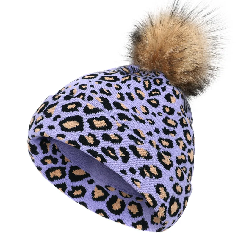Новинка, Зимний вязаный шарф-бини с помпоном, комплект из 2 предметов, женская модная леопардовая Повседневная шапка, шарфы, утолщенная мягкая шапка, теплая шапка для катания на лыжах - Цвет: Light purple-2