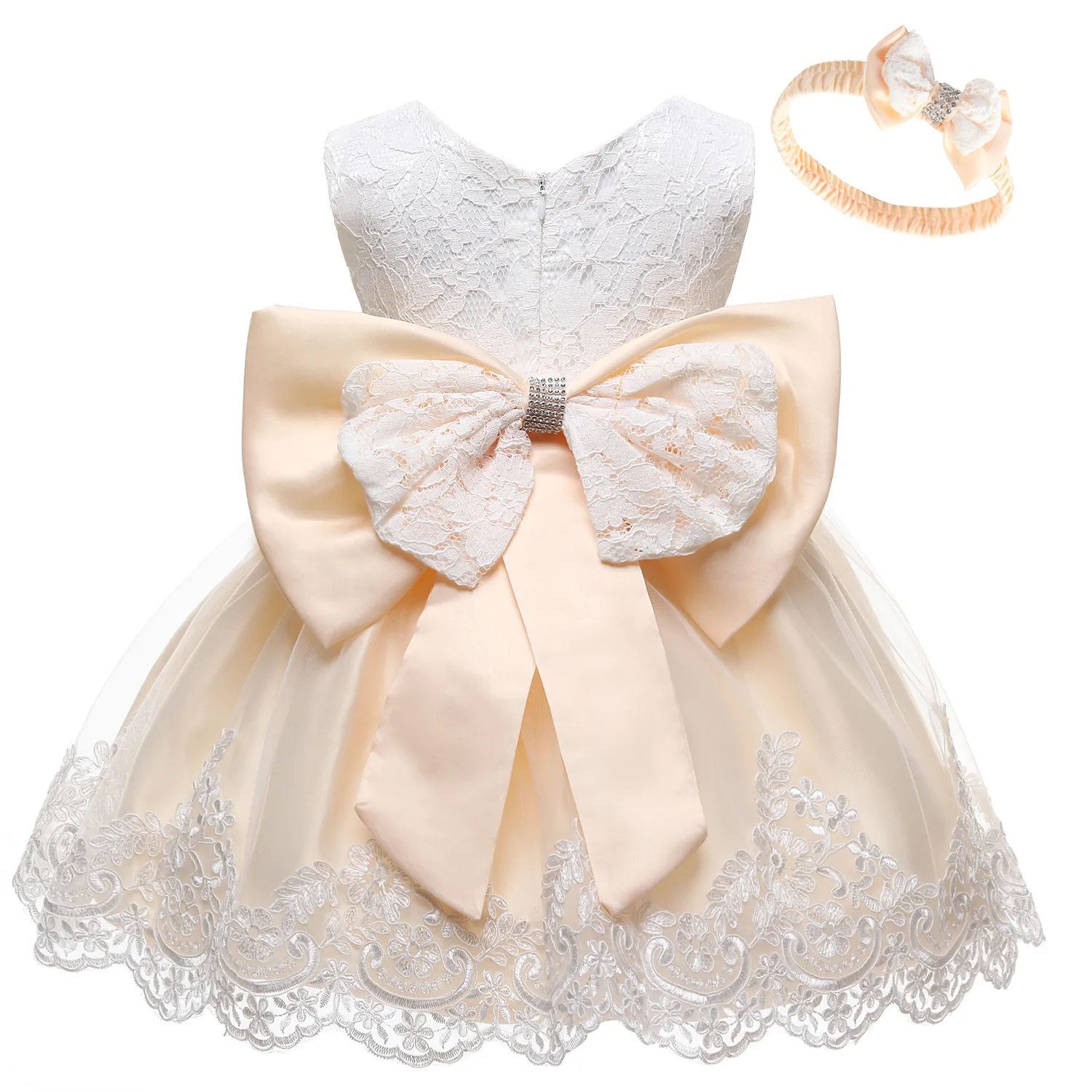 Baby Girls Princess Dress And Hairband 2Pcs Elegant Bow Toddler Girl 1 Years Birthday Party Lace Ball Gown Vestidos Kids Dresses