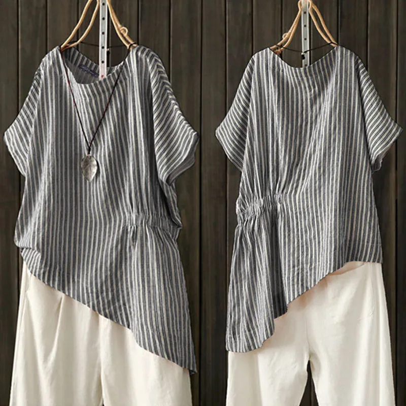  Elegant Striped Shirts Women's Summer Blouse 2019 ZANZEA Casual Asymmetrical Blsuas Female Elastic 