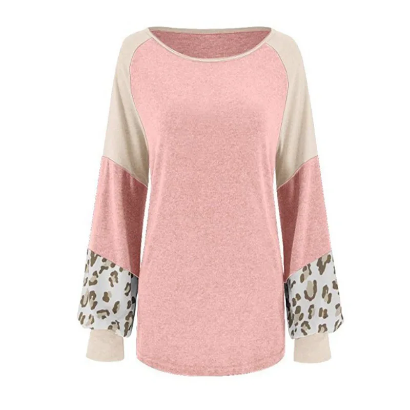 Розовый Осень новые европейские и американские женские взрывы Leopard3-color мозаика свободные фонарь рукав T - Цвет: Розовый