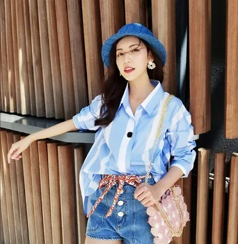 

Women Shirt Women's Vertical Striped Color-matching Loose Shirt Wild Tops Women