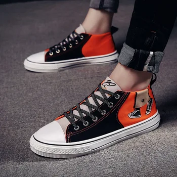 

JINTOHO Men Flats Shoes Canvas Lace-up Men's Graffiti Fashion Student Sneakers Casual Tide Shoes High-top Sports Shoes 881