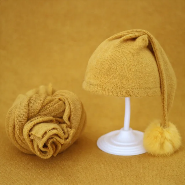 2pcs Wrap Hat Sets Newbornn Photography Props Boys Girls Photography Swaddle Blanket Infant Baby Picture Shoot Props Accessories YELLOW