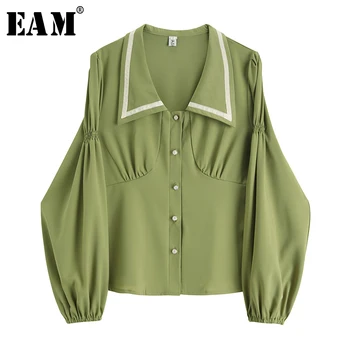 

[EAM] Women Green Pleated Split Vintage Blouse New Lapel Long Sleeve Loose Fit Shirt Fashion Tide Spring Autumn 2020 1S380