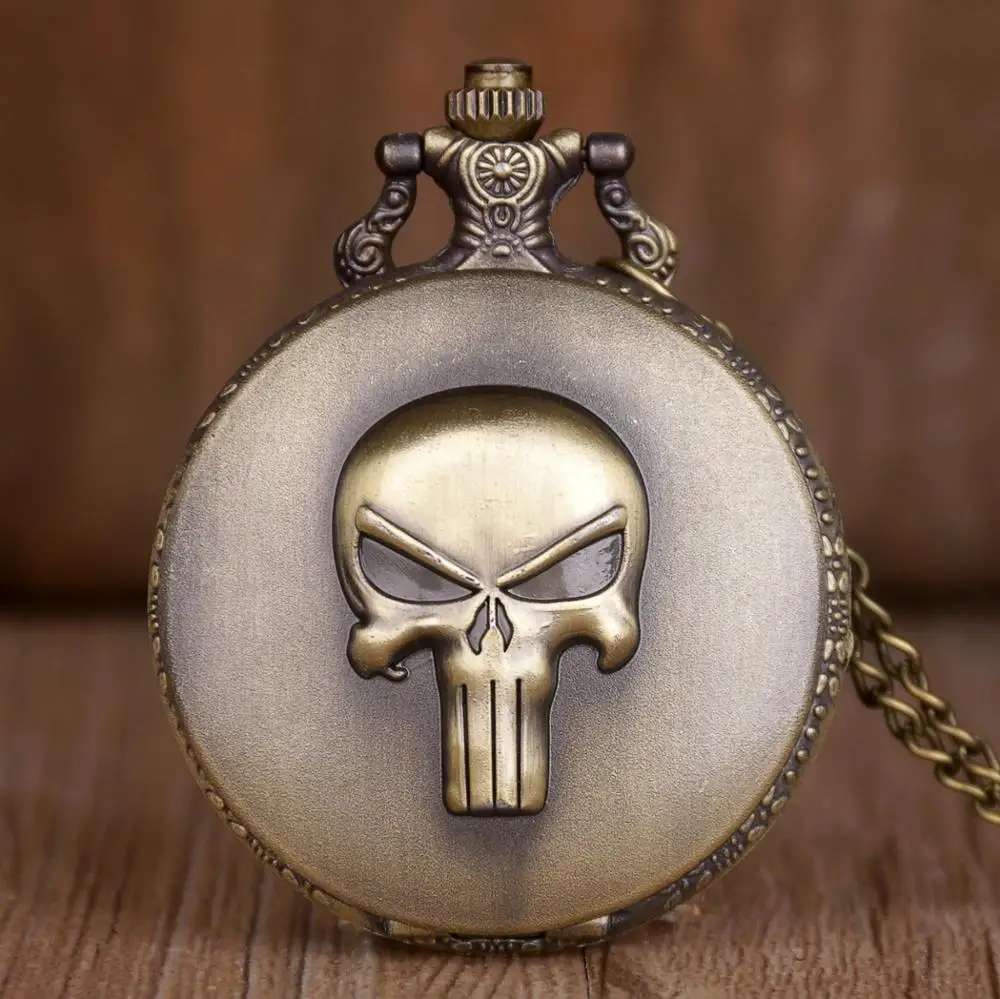 

Retro Anime Punisher Skull Quartz Pocket Watches Necklace For Men Women Antique Bronze Fob Chain Watch With Best Gift XH3015