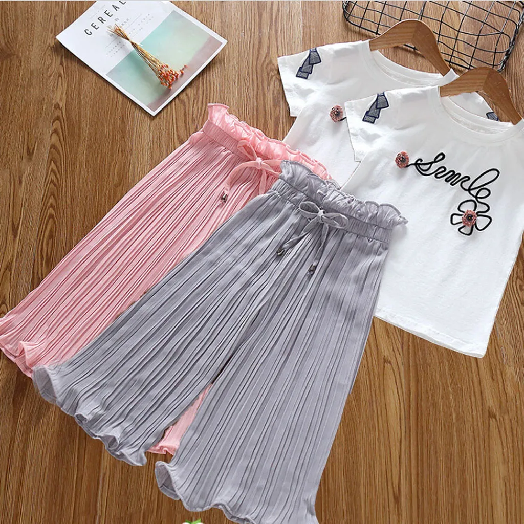 

Summer Kids Girl Clothes Child Girl Outfits Short Sleeve Letter Print T Shirt Tops+Solid Ruffle Loose Pants Teen Girl Outfits