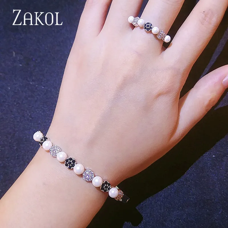 ZAKOL, винтажный кубический цирконий, Круглый, имитация жемчуга, ювелирный браслет для невесты, набор колец для женщин, свадебные, вечерние, подарок, FSSP3111