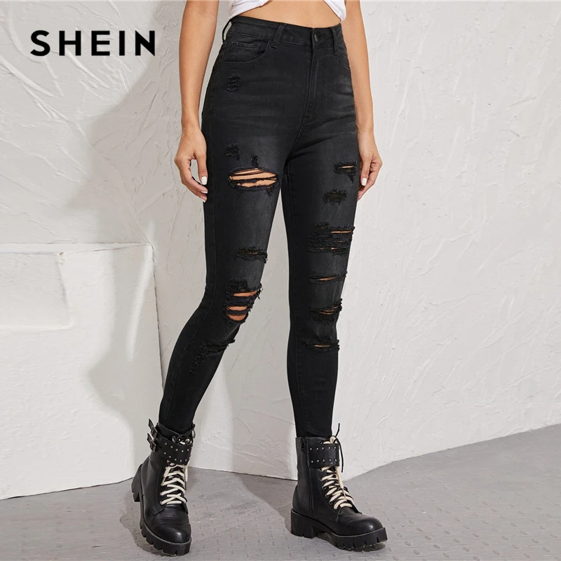 SHEIN черные потертые края рваные обтягивающие укороченные джинсы женские осенние рваные повседневные джинсовые брюки со средней талией