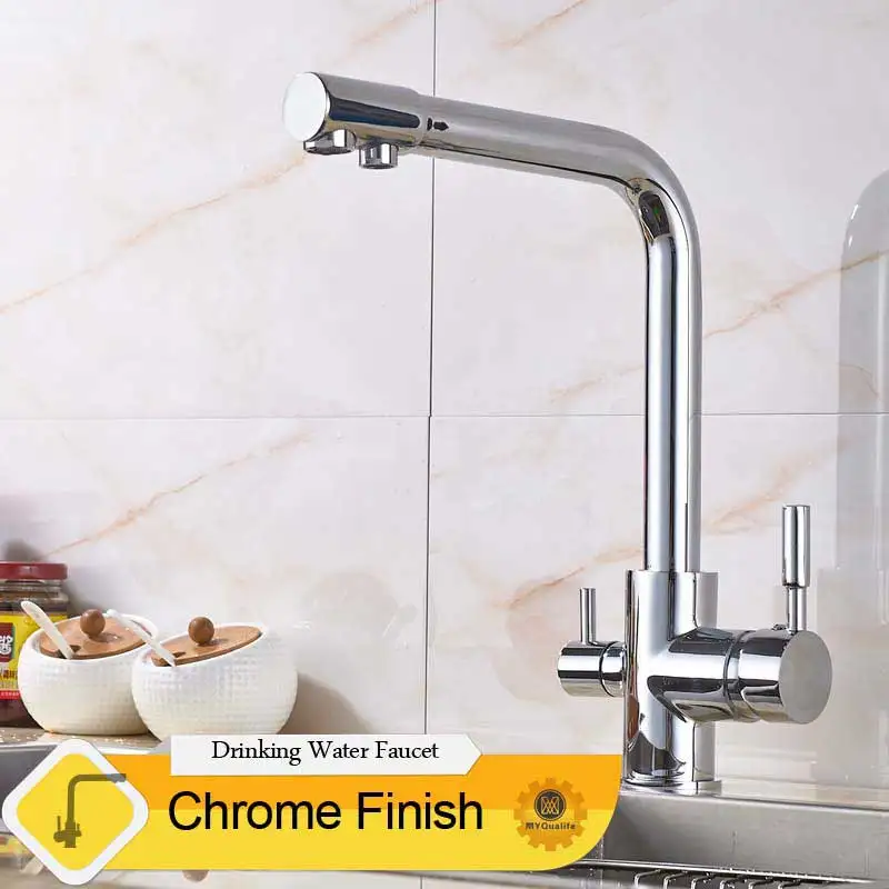 chrome Tap Роскошные хром латунь чистой воды Кухня кран с двойной ручкой горячей и холодной питьевой воды 3-х полосная фильтр Кухня смесители - Цвет: chrome Tap