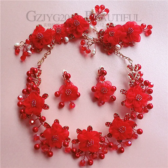 

Korean Style Sweet Bride Flower Necklace Clip-on Pearl Crystal Red Floral Headdress Three-piece Set-Hair Accessories Headdress H