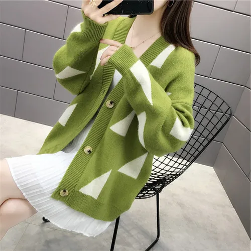 fruit green Фруктовый зеленый свитер кардиган женский Дикий Весна и осень новая Корейская версия свободная сетчатая Красная Вязаная Куртка Размер S-XL - Цвет: fruit green