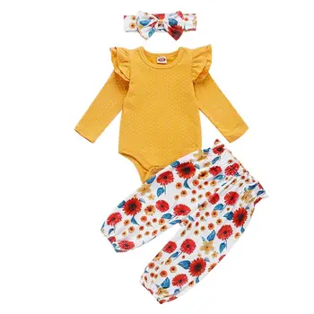 

Autumn Newborn Baby Girls Clothes Sets Three Piece Girls Fashion Long Sleeved Bodysuit Flowers Print Trousers Hair Band