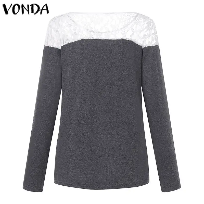 VONDA, женские сексуальные хлопковые рубашки с круглым вырезом и длинным рукавом, женские кружевные лоскутные топы и блузки размера плюс, Осенние богемные блузы, S-5XL
