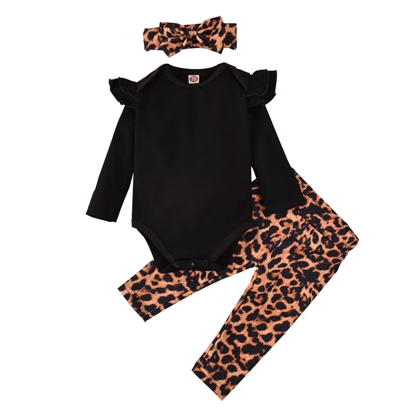 

New Born Girls 3-piece Set, Solid Black Color Lace Long Sleeve Top, Leopard Printing Trousers and Bow Headband