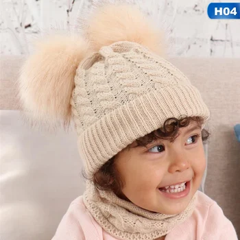 

Winter Hat Scarf Set For 0-2 Years Boys Girls Children Cotton Warm Pom Poms Twist Pattern Solid Color Cute Unisex Hat