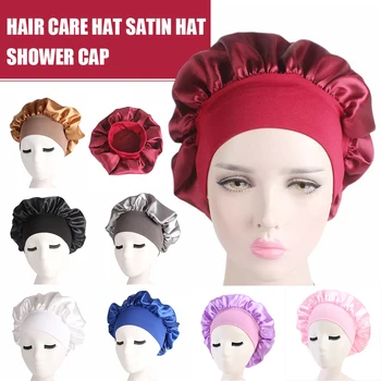 

58cm Solid Color Long Hair Care Women Satin Bonnet Cap Night Sleep Hat Silk Head Wrap Adjust Shower Caps Knitted Cap New