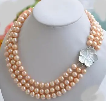 

3 ROW New Charming! 7-8mm Natural South Sea pink Pearl Necklace 18-20''