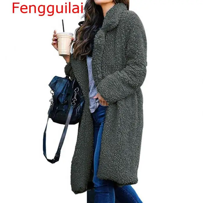 Women Lady Top Coat Long Sleeve Warm Lapel Fashion Medium Length Solid Color For Winter