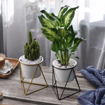 

Nordic Style Flower Pot Iron Rack Holder Minimalist Geometry Gold Iron Ceramic Home Garden Desktop Decoration For Green Plant