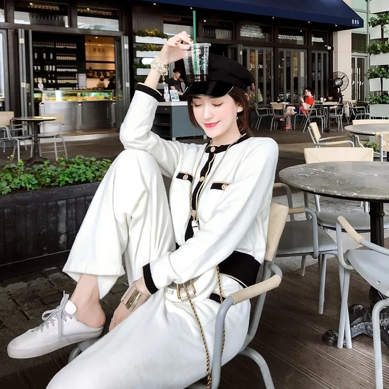 

High Street White Chic Set Lady Autumn Single Breasted Shirt+Korean Loose Pants Female Two Piece Knit Shirt Trousers Sets Women