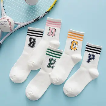 

5 Pairs Japanese Women Ankle Socks Harajuku Letters B/C/D/E/P 3 Stripes Hosiery