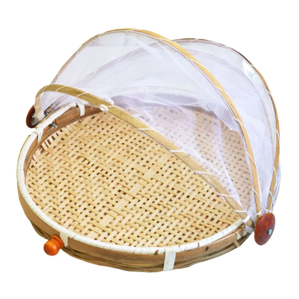 Round Hand-Woven Food Covers Dustproof Mesh Food Storage Basket Food Umbrella Container Food Dish Grid Cover Table Kitchen Tools