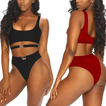 

Sexy Triangle Buckle Bikini Set New Women Two-Piece Solid Bathing Suit Swimwear Summer Beach Low Waist Breathable Bikini
