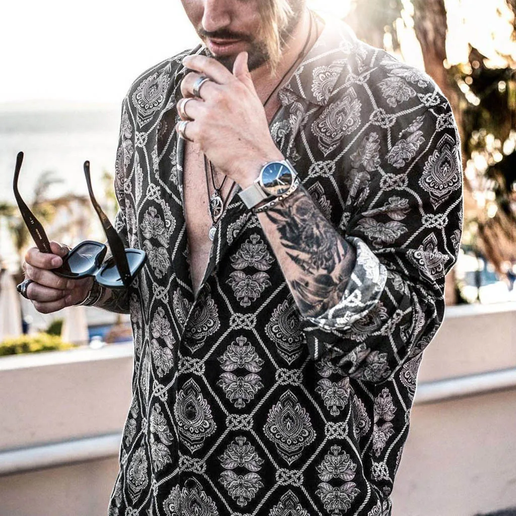 Summer Long Sleeve Print Shirt Men Lapel Neck Loose Button Up Blouse Breathable Streetwear Sexy Shirts 2020 2.18 | Мужская одежда