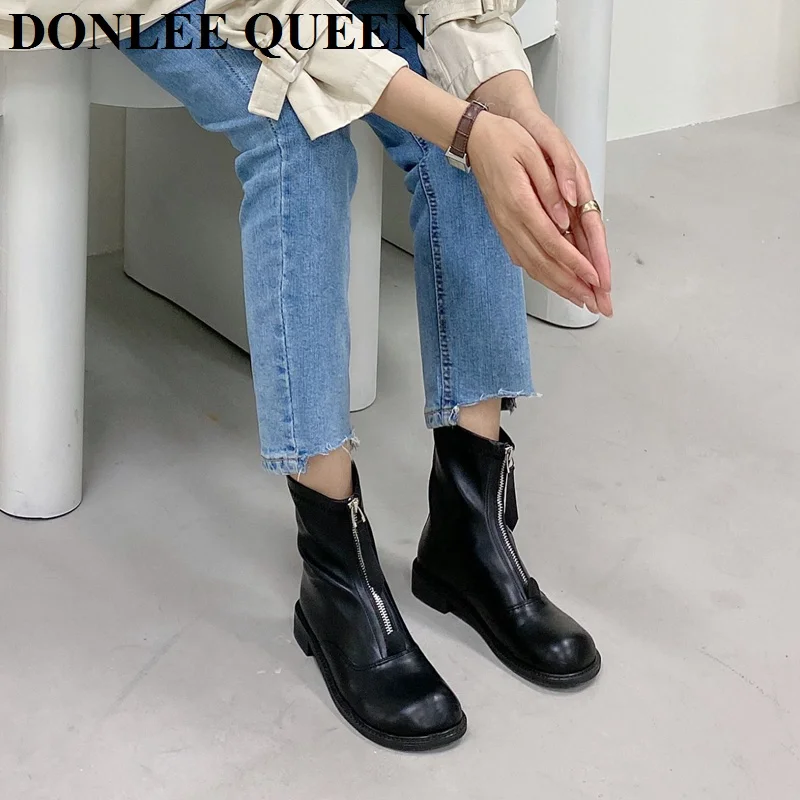 Botines con cremallera delantera para mujer, Botas Botines con punta redonda planos, estilo para Otoño e Invierno Calzado