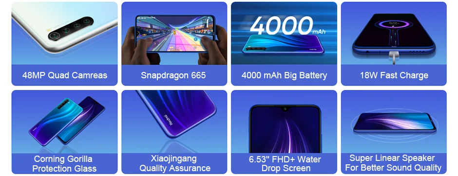 Оригинальный Xiaomi Redmi Note 8 4 ГБ ОЗУ 64 Гб ПЗУ 6,3 "Snapdragon 665 48MP четыре камеры заднего вида 4000 мАч 18 Вт Распознавание отпечатков пальцев лица