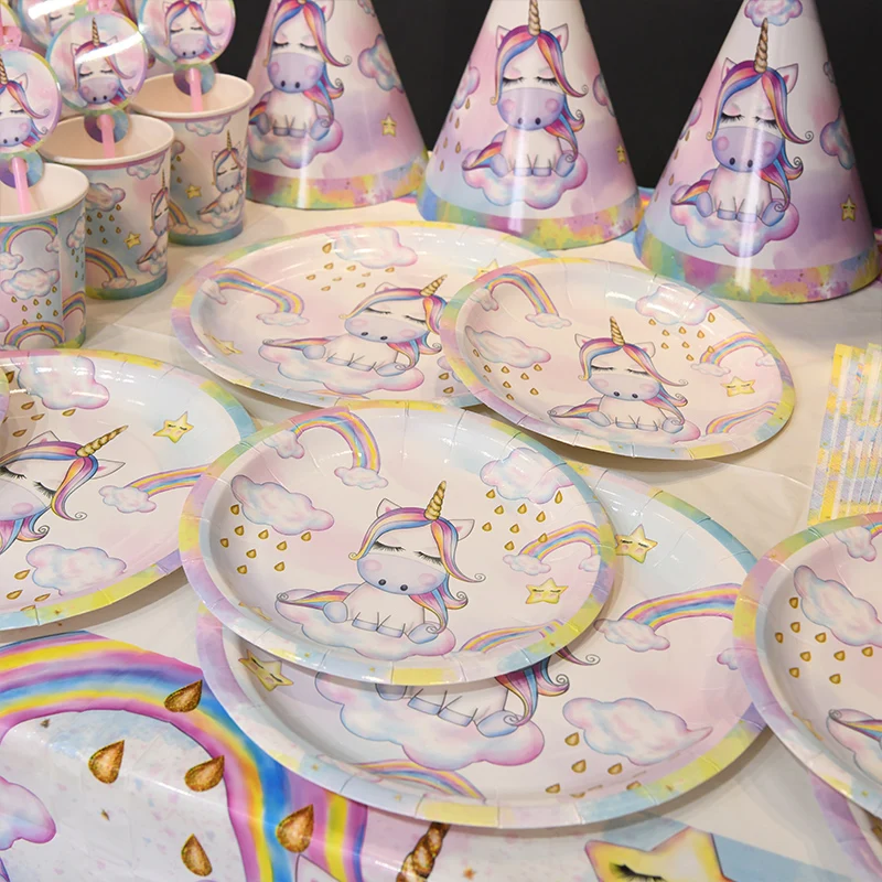 

2019 hotCartoon Unicorn Theme Children's Birthday Party Disposable Tableware Girl Birthday Carcass Green Tableware Decoration
