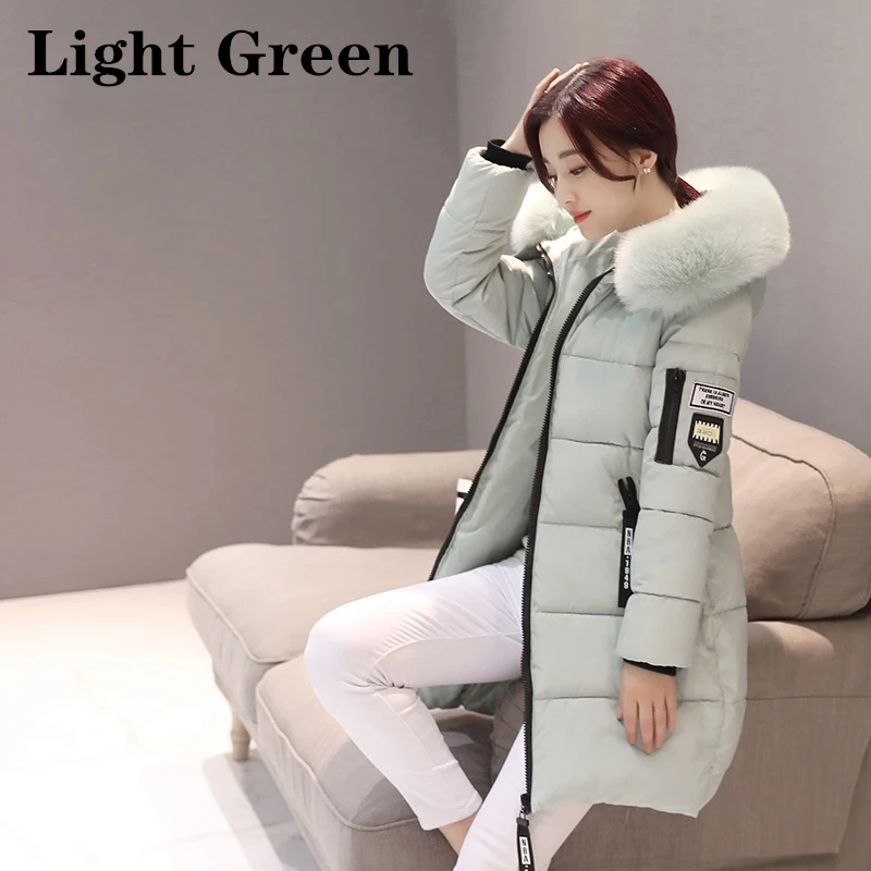 Light green Новинка, парка, пальто для женщин, длинная хлопковая повседневная меховая куртка с капюшоном, женские зимние теплые парки, Женское пальто, пальто - Цвет: Light green