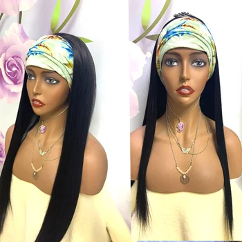 

Long Straight Headband Wig Synthetic Hair Glueless With Straps Machine Made Fiber Hair Wigs Natural Color With Scarf