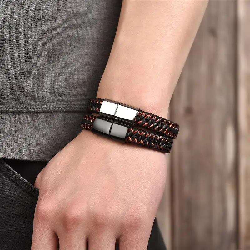 Кожаный браслет в стиле панк плетеный веревочный Браслет Черного и серебряного