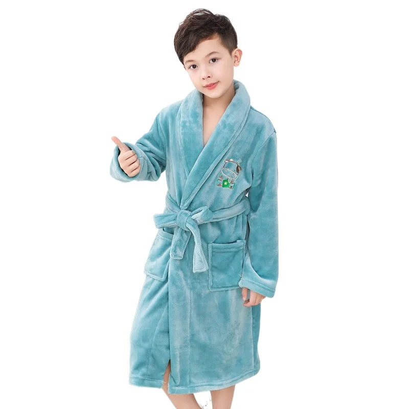 Children Robe Flannel Nightgown Boys Fall and Winter Big Kids Coral