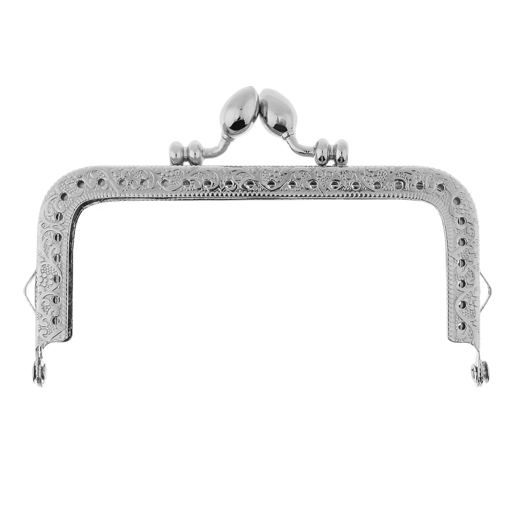 Retro Silver Metal Flower Square Frame Purse Coins Changes Bag DIY Craft Kiss Clasp Lock 10.5 x 7.5 cm