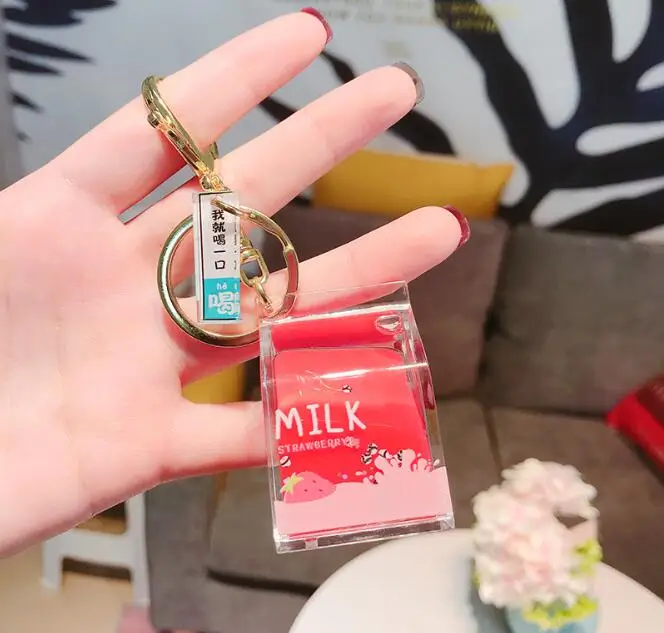 Creative Dairy Cow Milk Drinks acrylic Keychain Fruit Milk Moving Liquid Keyrings decompression drift bottle Jewelry Kids Gifts - Color: red fruit milk