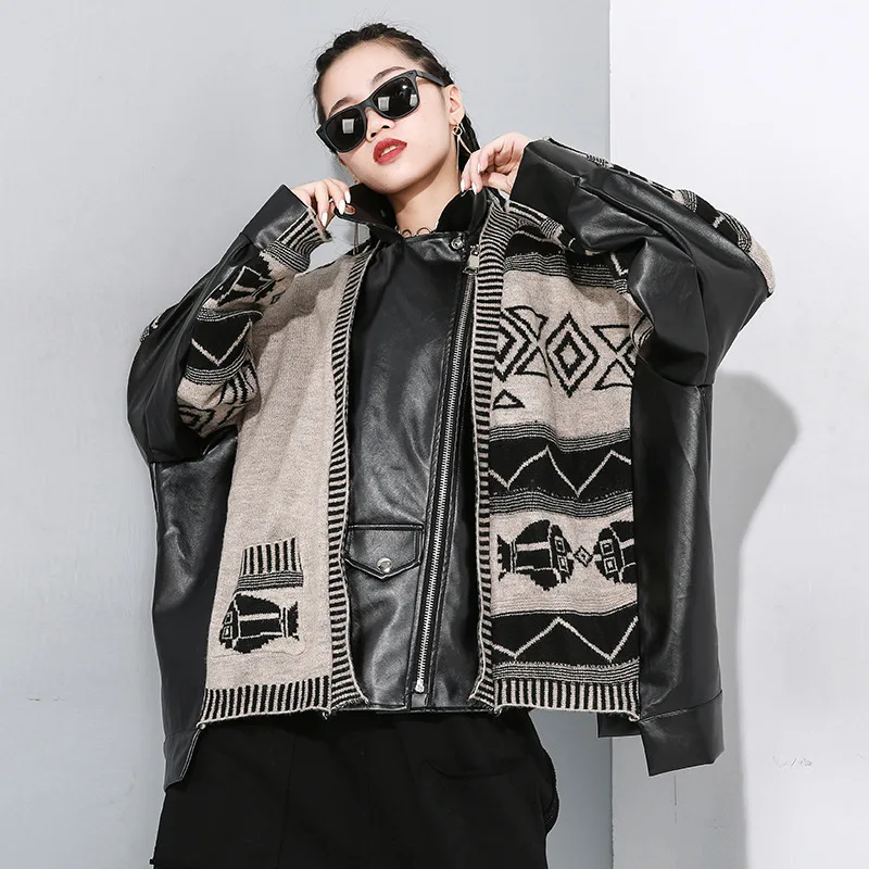 ^*Best Offers LANMREM Colorblock Suit Collar Wool Splice Pu Zipper Cardigan Women Take Two Streetwear Loose Cardigan 2020 New Spring PC736
