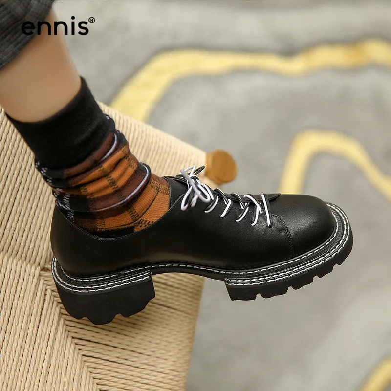 

ENNIS Thick Sole Brogues Oxfords Shoes Platform Lace Up Flats Women Genuine Leather Casual Shoes Black Spring Autumn NEW C0053