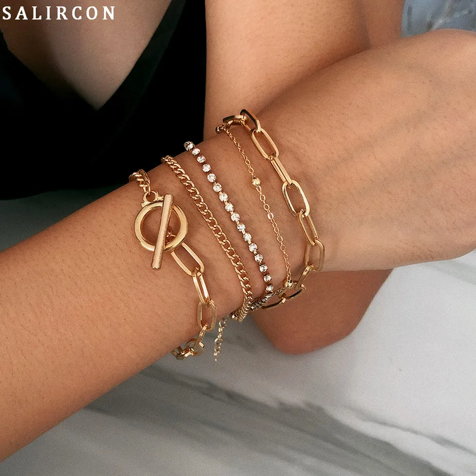 Salircon Punk Retro Layered Chain Bracelet Bangles for Women Fashion Gold Silver Crystal Bracelet Charm Hand Chain Jewelry Girls