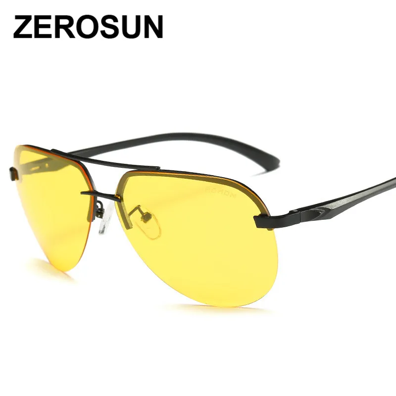 Zerosun, очки для ночного вождения, мужские, без оправы, желтые линзы, солнцезащитные очки для мужчин, для вождения, защитные очки, авиация, ультра светильник, HD