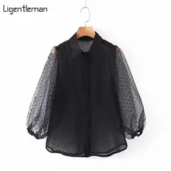 Женские черные рубашки, женские элегантные блузки с отложным воротником, прозрачные стильные рубашки с длинным рукавом-фонариком, женские