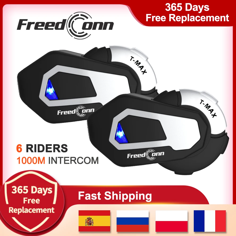 US $79.99 FreedConn TMAX 1000M 6 Riders Motorcycle Helmet Group Talking System Waterproof Buletooth Intercom Headset Earphone TMAX